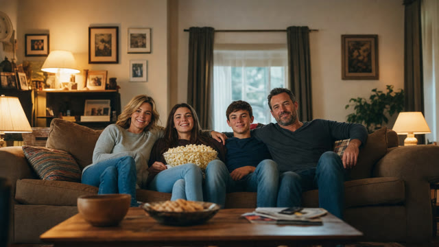 Family movie night on the sofa — Real style