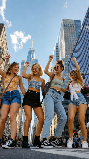 Street choreography, skyline backdrop — Real style