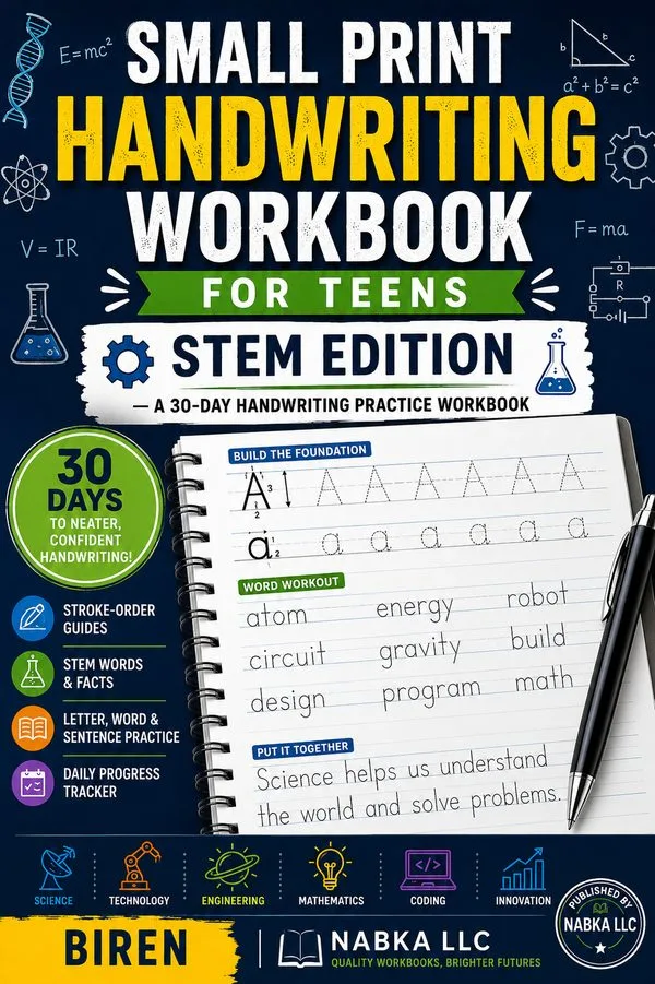 Cover of Small Print Handwriting Workbook for Teens: STEM Edition