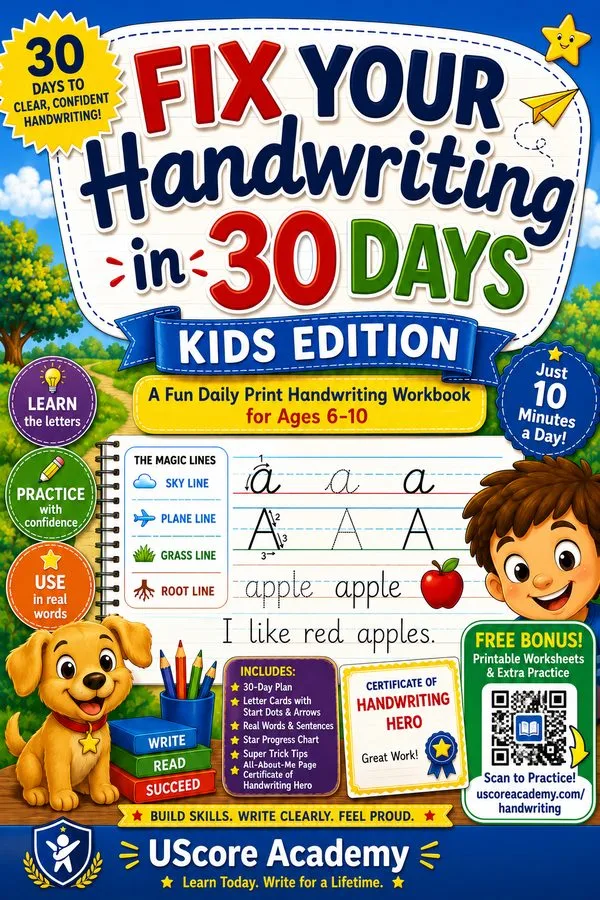 Cover of Fix Your Handwriting in 30 Days: Kids Edition (Ages 6–10)